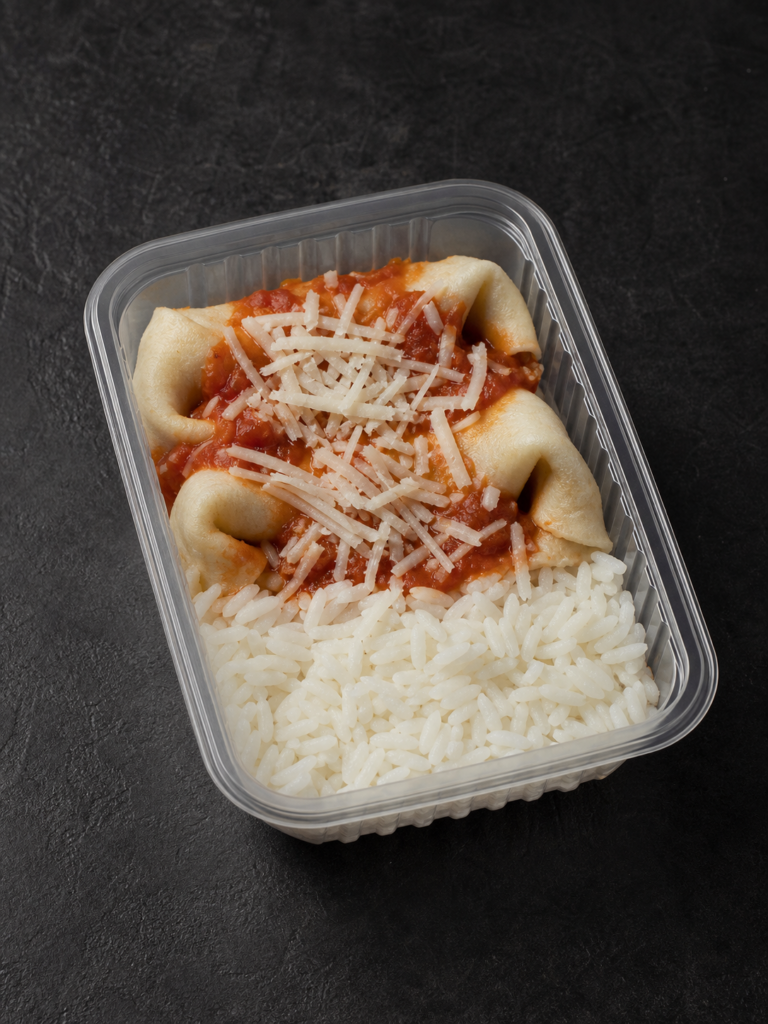 Arroz branco, panqueca carne P