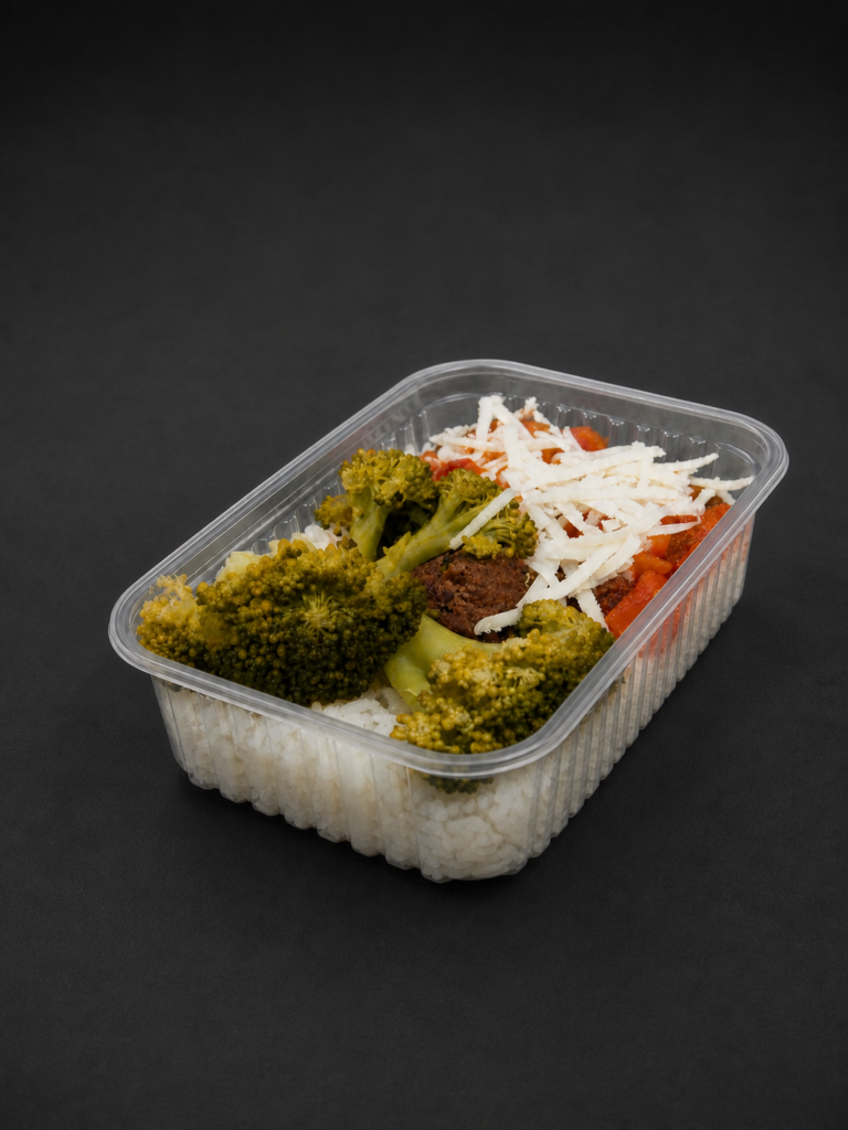 Arroz branco, almôndegas, brócolis e couvef G