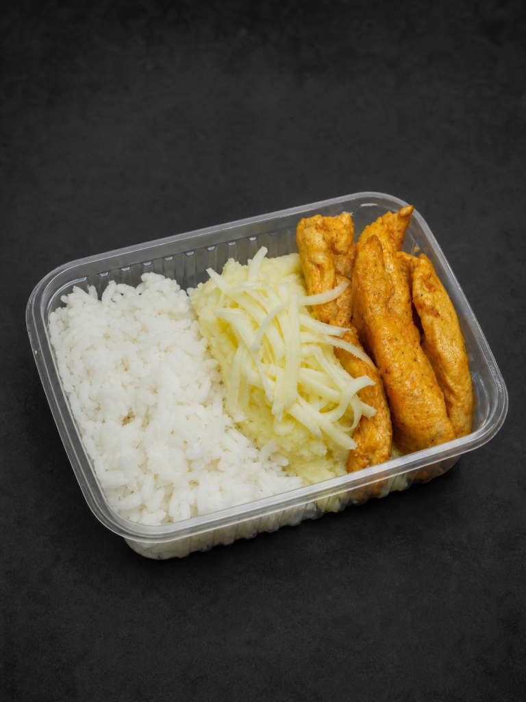 Arroz branco, frango e purê G