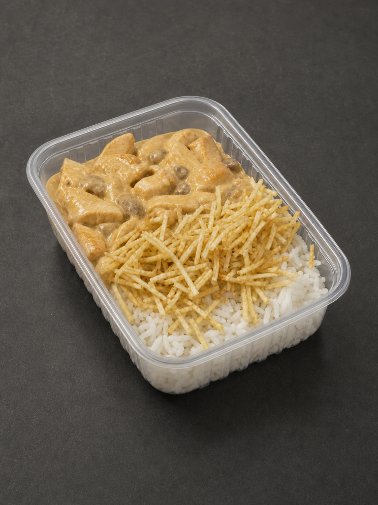 Arroz branco e strogonoff frango P