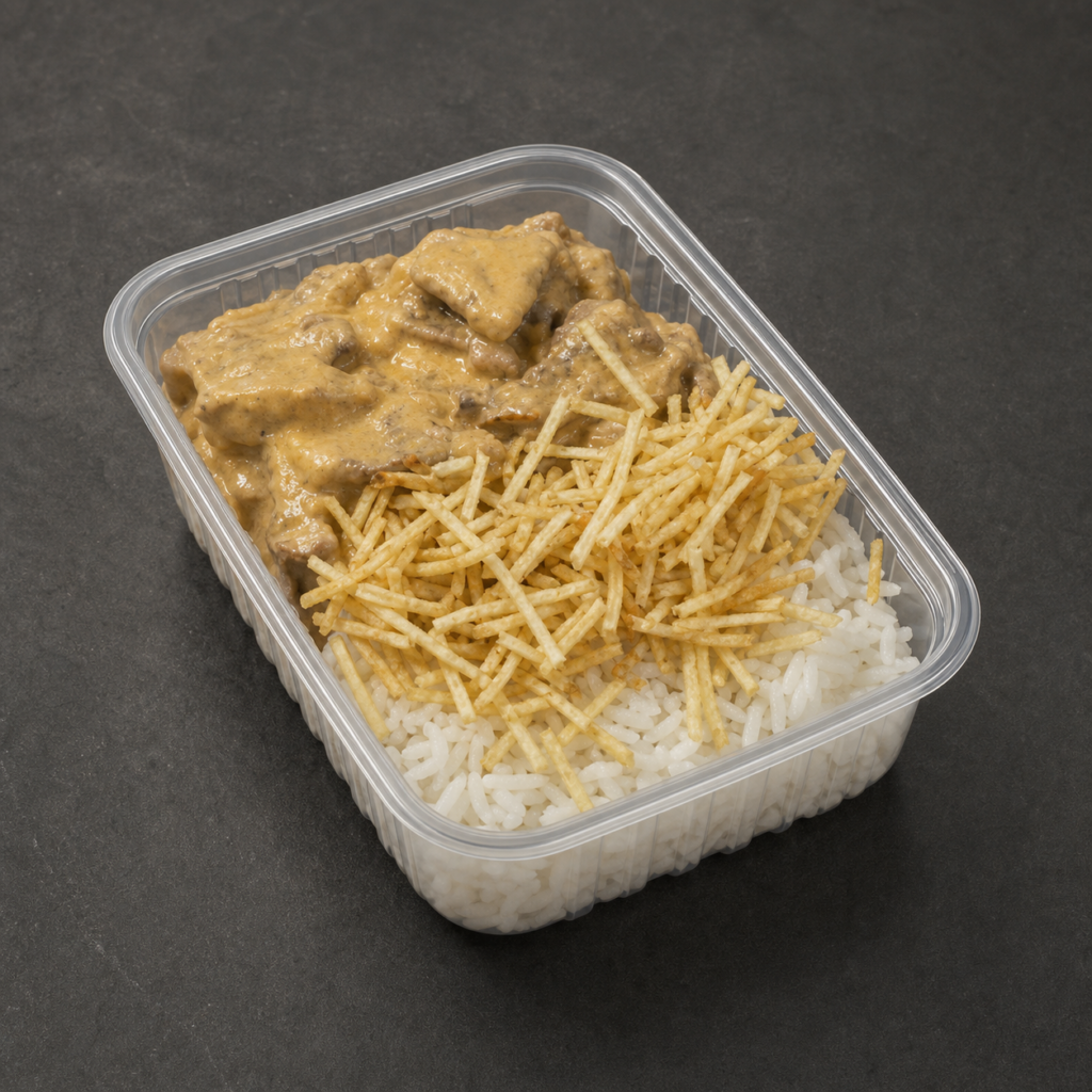 Arroz branco e strogonoff carne P