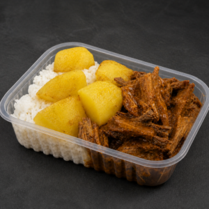 Arroz branco, carne assada e batata P